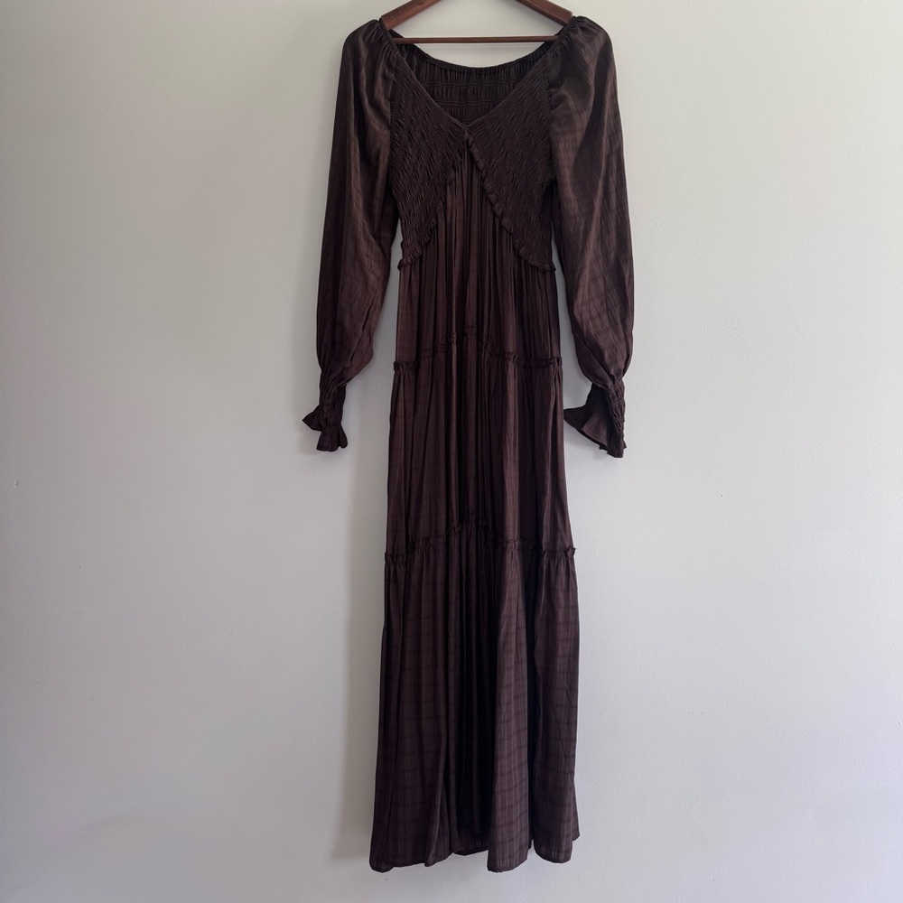 Long Sleeve Brown Maxi Dress with Smocked Bodice